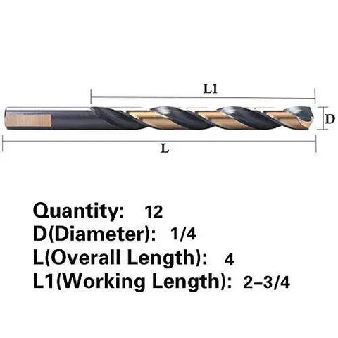 12 Piece Black And Gold Coated Twist Drill Bits Set, Sixteenth Inch Diameter, 4 Inch Length, diagram showing dimensions
