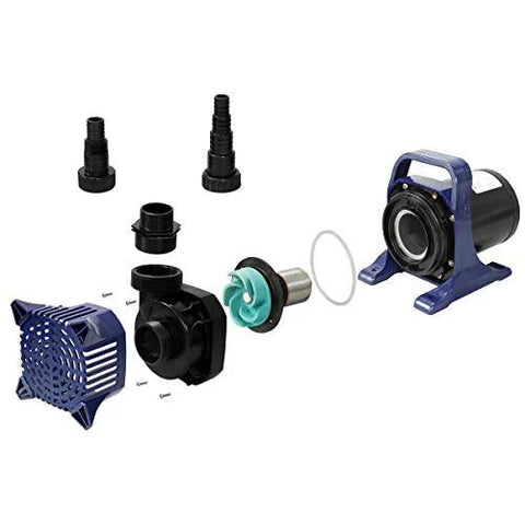 Alpine submersible pond pump kit with blue housing, adapters, impeller and fittings (6550 GPH)