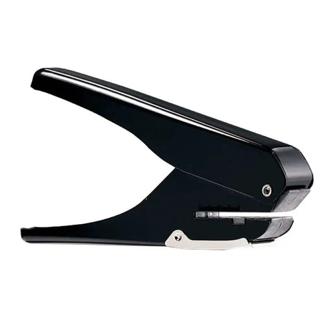 Side view of black Oval Hole Puncher For Office Use 10 Sheet Capacity Adjustable Paper Depth Heavy Duty Metal Body, sleek design