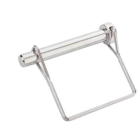 Front view of stainless steel PTO locking pin with folding wire bail handle, 3/8 x 2-3/4 in.