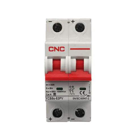 Front view of a DC Miniature Circuit Breaker Two Pole 25 Amp 1000V DC Isolator For Solar PV System With Thermal Magnetic Trip DIN Rail Mount