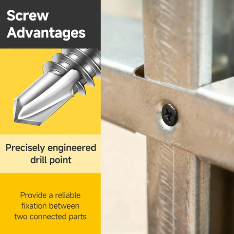 Close-up of 110 Pieces Size 8 Flat Head Sheet Metal Screws Assortment Kit in 410 Stainless Steel Self Tapping in metal frame