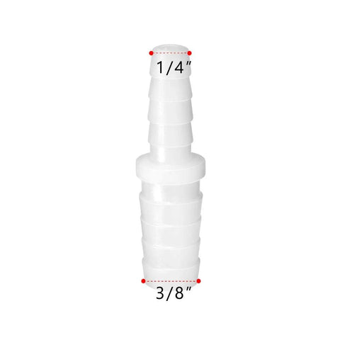 Plastic hose barb reducer fitting, 3/8 to 1/4 inch, white barbed adapter for joining hoses.