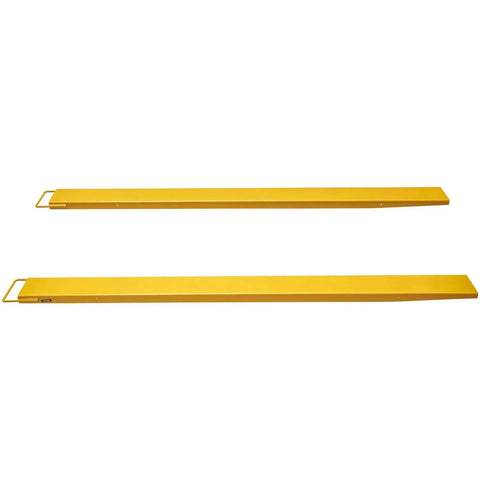 Pair of 96 Inch Fork Extensions Six And Half Inch Wide Heavy Duty Pallet Fork Extenders, yellow, side view