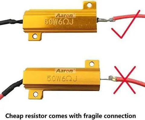 Front view of two gold Aaron brand 50W 6Ω automotive load resistors with mounting tabs and red/black leads