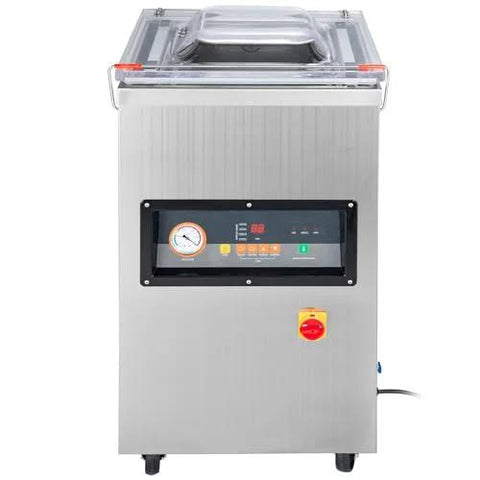 Stainless steel chamber vacuum sealer with LED display for kitchen use.