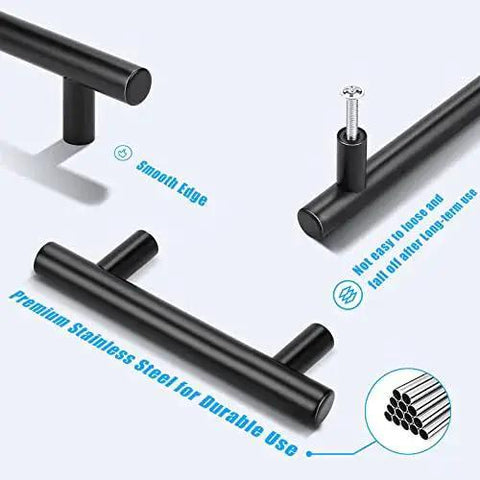 Close-up of 6 Pack Black T Bar Drawer Pulls with screws, stainless steel square T-shape, highlighting smooth edge and durability.