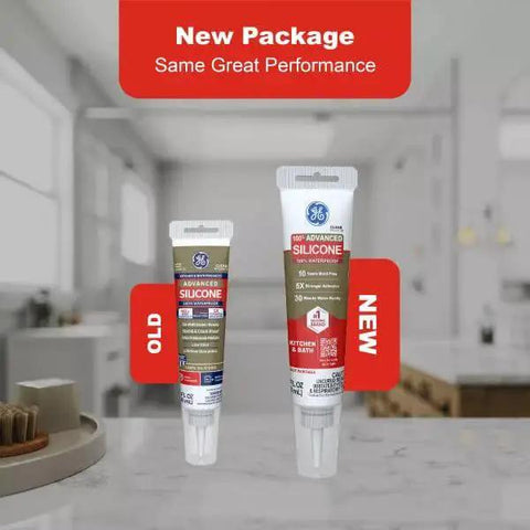 New and old packaging of Advanced Silicone Caulk For Kitchen And Bathroom White 2.8 Fl Oz Tube 1 Pack 100 Percent Waterproof Sealant.