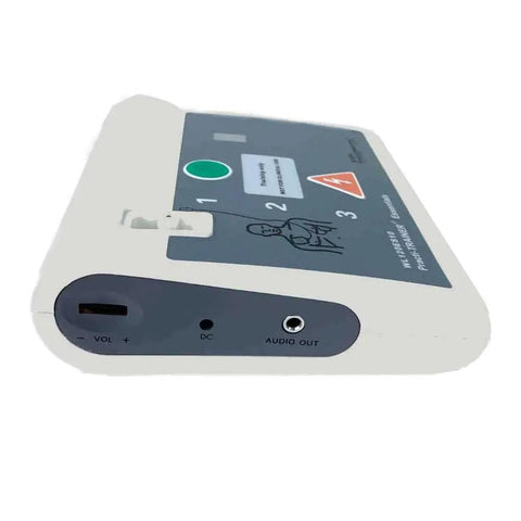 Side view of the Four Pack AED Defibrillator Training Kit For Hands On Practice Use Only With volume and audio ports visible