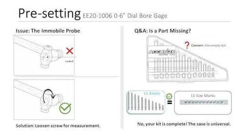 Visual guide for setting Dial Bore Gauge Set For 2 To 6 Inch Range With 0.0001 Inch Graduation And 6 Inch Stem Includes Extension Holder And Case Chrome Plated Handle Insulated Self Centering Grip Pro Grade Accuracy To 0.0003 Inch From Accusize Industrial Tools Ee20 1006