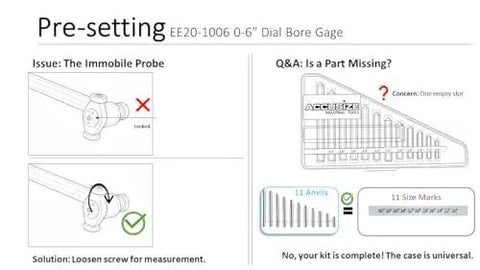 Dial Bore Gauge Set With 2 To 6 Inch Range And 6 Inch Stem 0.0001 Inch Graduation Accurate To Plus Or Minus 0.0004 Inch Includes Extension Holder And Case Chrome Plated Handle insulated self centering pre-setting instructions.