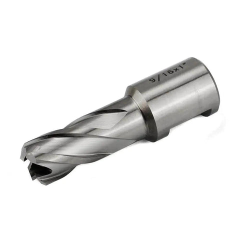 Fast Nine Sixteenths Inch Annular Cutter For Magnetic Drill Press With One Inch Cutting Depth And Three Quarter Inch Weldon Shank Pilot Pin Dual Teeth For Faster Holes In Steel By OSCARBIDE, showing side view with dual teeth and shank.