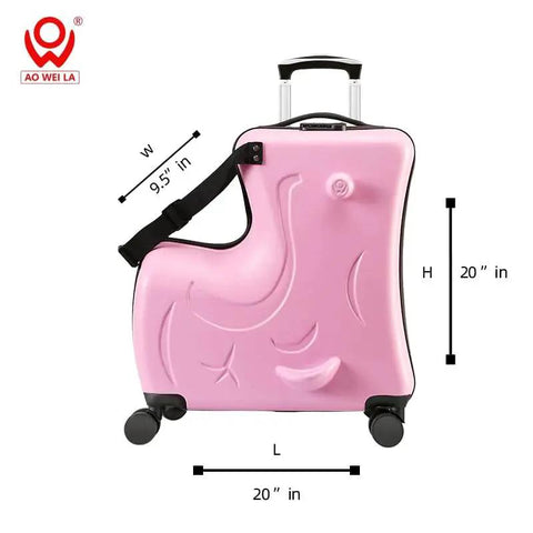 Pink kids ride on suitcase with wheels for travel, 20x9.5 inch, durable hard side PC, ideal for toddlers and children ages two to fifteen.