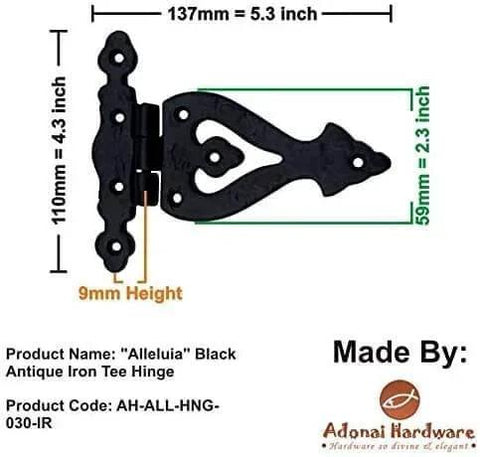 Diagram of Alleluia Antique Cast Iron T Hinges Heavy Duty 5.3 Inch with measurements and product details.