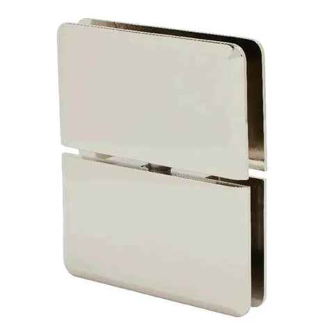 Senior Prima 02 Series Polished Nickel Top Notch Glass To Glass Mount Hinge for 1/2 inch tempered glass, front view.