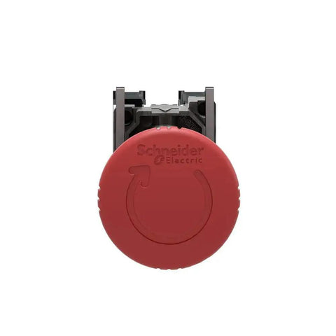 Top view of Red Emergency Stop Push Button Switch SPST No NC With Push Turn Release for Heavy Duty Rugged Safety Cutoff, industrial grade.