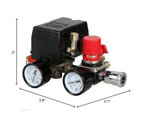 Pressure switch manifold regulator for air compressors with two gauges and red knob.