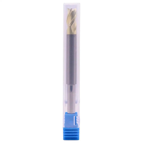 High Performance Two Piece Three Flute Thirty Seven Degree Helix Solid Carbide End Mills For Aluminum With Five Sixteenths Diameter And Quarter Inch Reduced Shank For Router ZRN Coated Half Inch Length Of Cut And Three And Three Quarters Inch Overall in packaging