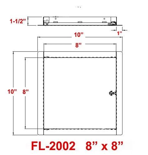 Premier 2002 Series steel access door, 8x8 flush universal mount, white, keyed cylinder latch, diagram view
