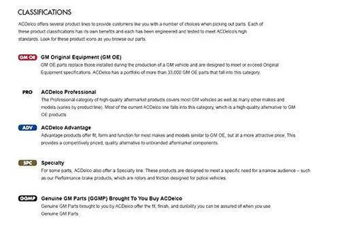 GM Genuine Parts classification page showing GM Original Equipment and ACDelco logos.