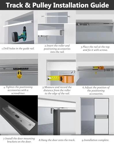 Installation guide for Soft Close Sliding Pocket Door Kit with 10.8ft Barn Door Track System, showing step-by-step process.
