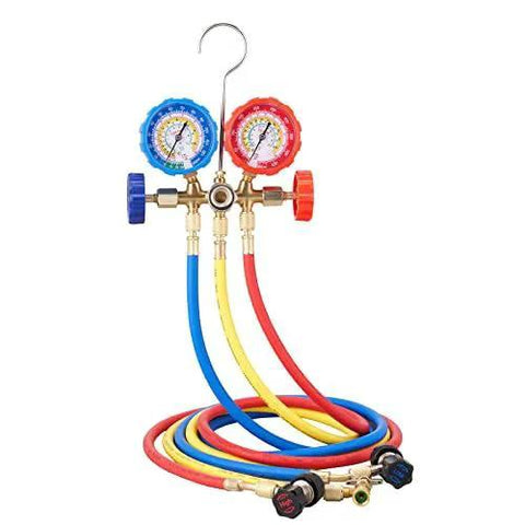 Three Way Car AC Manifold Gauge Set For R134A R22 R12 R502 With 5 Ft Hoses Couplers And Can Tap Freon Charging And Evacuation
