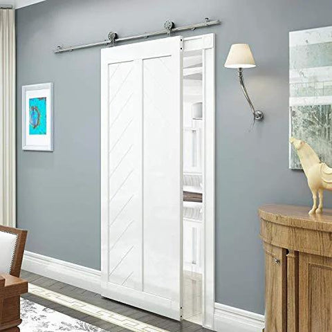 Stainless Steel Sliding Barn Door Hardware Kit for 10 Foot Double Track Set Satin Finish installed on an interior door