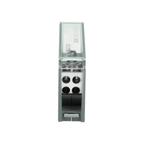 Front view of 1 In 4 Out DIN Rail Terminal Block 690V Connector Distribution Block with see-through cover, solid brass conductor.