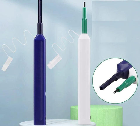 Enajucy 2-pack fiber optic cleaner pens, blue and white with green tips, for LC/MU and SC/FC fiber optic connectors.