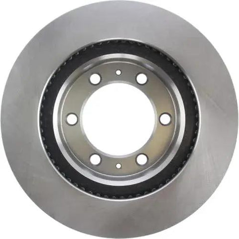 Front view of Centric 121.44129 C-Tek front brake rotor; silver metal with hub mounting holes for Toyota