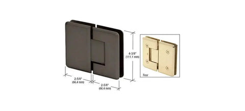 Oil Rubbed Bronze 180 Degree Glass To Glass Plymouth Series Wide Shower Door Hinge, dimensions shown, front and rear view