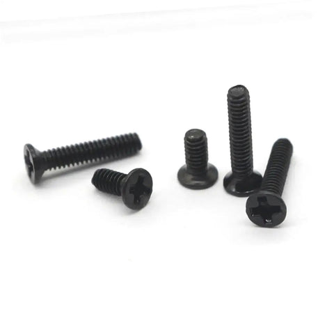 Close-up of black fasteners from 18 Piece Small Screw Set With Flat Countersunk Head Fasteners For Glasses And Watches Diy Projects Miniature