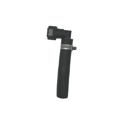 Black L-shaped plastic connector on a short rubber brake vacuum hose with a metal hose clamp
