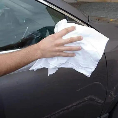 Hand using white rag on car, Bulk Jersey Knit T Shirt Rags Poly Cotton Cleaning Cloths For Painting Polishing Auto Shops And Bar Work 25 Lb Box
