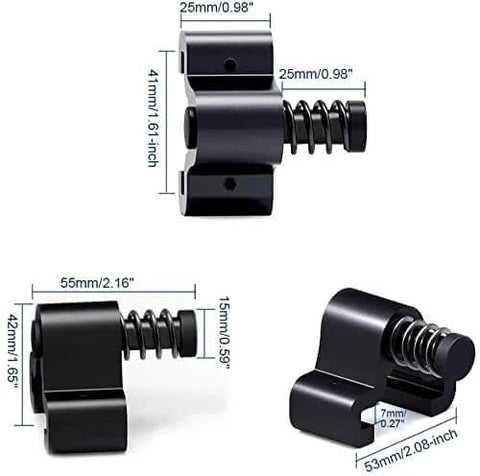 Heavy Duty Barn Door Stopper Set For 40mm Flat Tracks, Adjustable Spring Door Stops, black metal, various views, measurements shown.