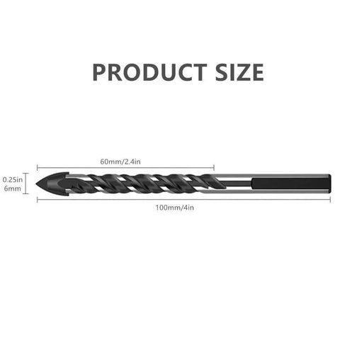 One drill bit from the All In One Quarter Inch Carbide Drill Bit Set For Tile Glass Masonry Concrete Marble Ceramic Plastic Wood Brick Cement, Ten Pieces, Three Flats Shank, Dual Use Design That Replaces Two Bits And Delivers Fast Dust Removal, shown with size dimensions.