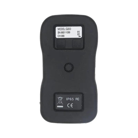 Q200 wireless crane remote control transmitter, black handheld with two top buttons and model label, IP65/CE markings.