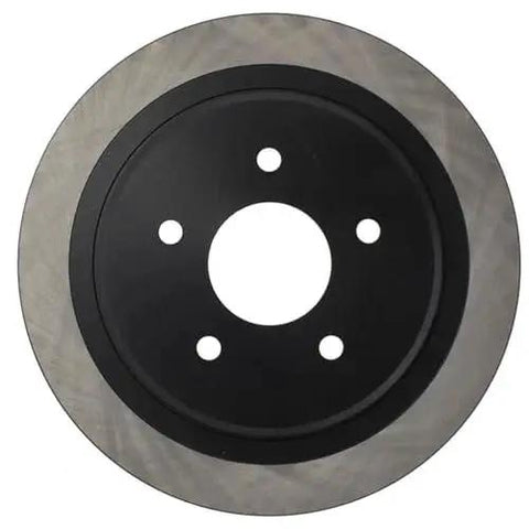 Front view of Centric Premium rear-right brake rotor with black center hub and five lug holes.