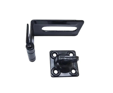 90 Degree Hasp And Swivel Staple For Sliding Doors Steel Black 4-1/2 Inch showing front view with mounting hardware