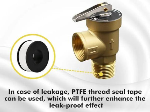 VAV pressure relief valve, brass body with 3/4 in NPT female thread and lever, shown with PTFE tape for leak-proofing