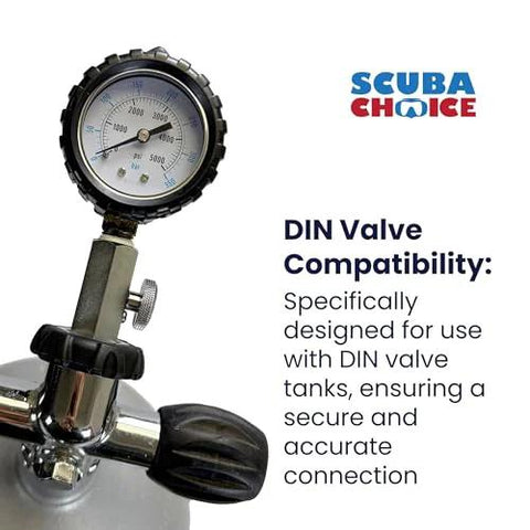 Scuba Choice DIN tank pressure gauge on a stainless steel scuba valve, 5000 PSI/350 BAR
