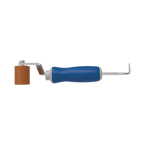 Roll-N-Chek silicone seam roller with tester probe, blue handle, brown roller