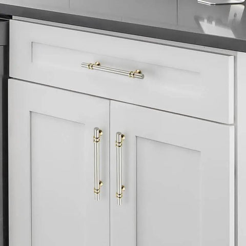 Premium Brushed Nickel And Gold Cabinet Pulls Set Ten Pack For Kitchen Cabinets Cupboards And Dressers Eight And Thirteen Sixteenths Inch Length Six And One Quarter Inch Center To Center With Included Screws For Easy Install installed on white cabinets.