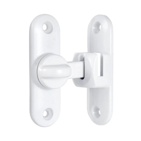 White Barn Door Latch Set With 90/180 Degree Gate Lock Ideal For Cabinets Sliding Doors And Bathrooms Zinc Alloy Right Angle Door Lock Latch No Fuss Install And Solid Security, close-up view of installed latch