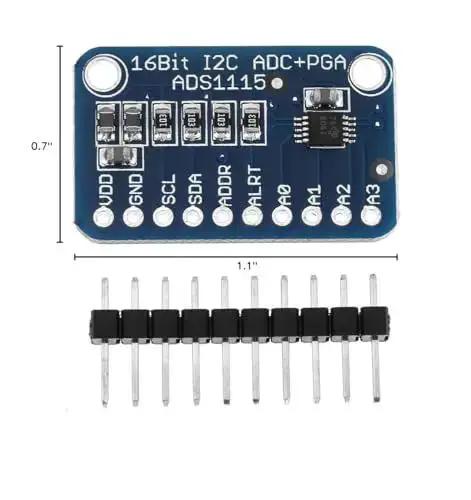16-Bit I2C ADC Development Board for Microcontrollers with ADS1115, soldered pins, 860 samples per second, top view with dimensions