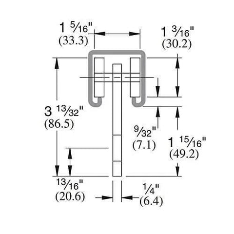 Dimensions diagram of Four Wheel Trolley Assembly with Four Deep Groove Ball Bearings for Taller Strut Channel or One and Five Eighth Inch Channel