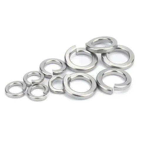 Front view of 10 stainless steel metric split lock washers (304 stainless) for screws and bolts