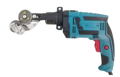 Cordless drill with sheet metal cutting attachment; teal and black tool branded Amazon.