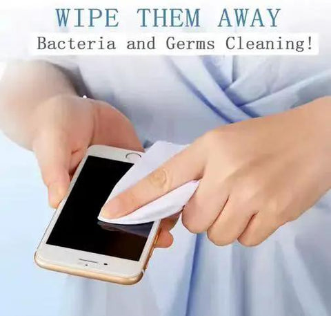 Person cleaning smartphone screen with microfiber cloth from 10 Pack Microfiber Lens Cleaning Cloths 6x7 LintFree for Glasses Cameras Phones.