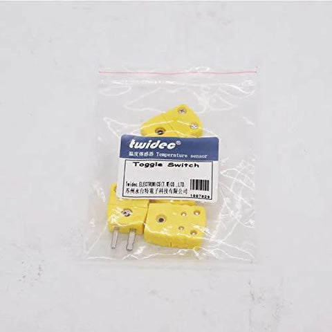 Twidec two yellow K-type thermocouple plug adapters, male and female connectors with metal pins in a clear plastic bag.